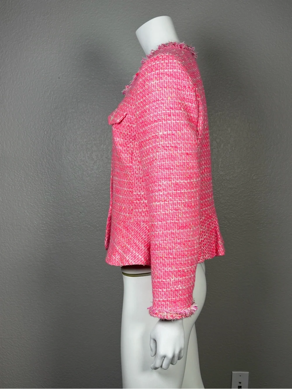 J.Crew Pink Tweed Lady Jacket Peplum Fringe Braided Trim Blazer Size 8